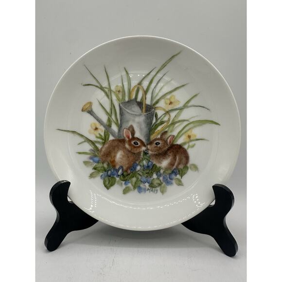 Vtg Bavaria Painted Easter Bunnies Plate Signed Mary Spring Decor - Picture 1 of 5